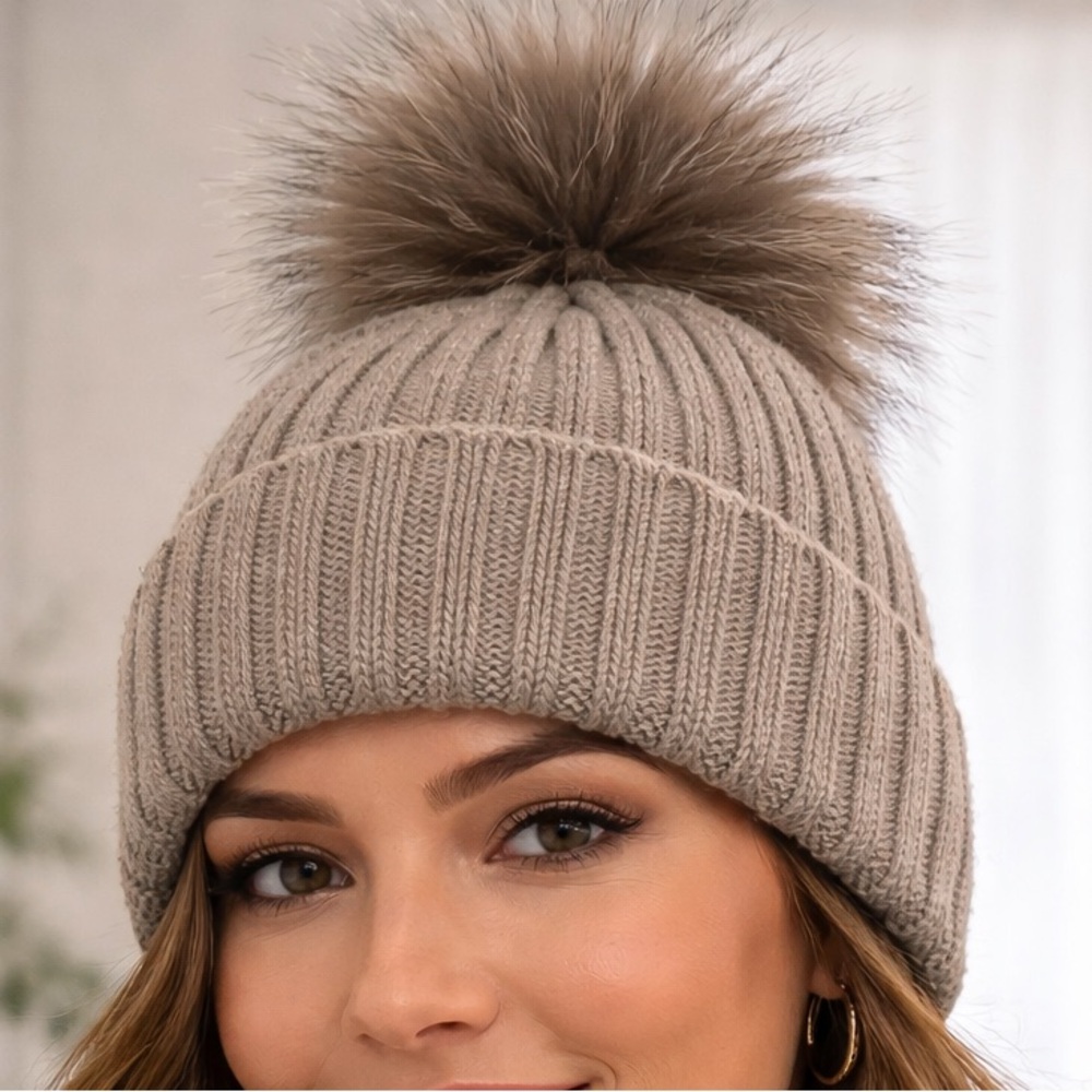 Gray Ribbed Knit Pom Pom Beanie - Women’s Winter Hat